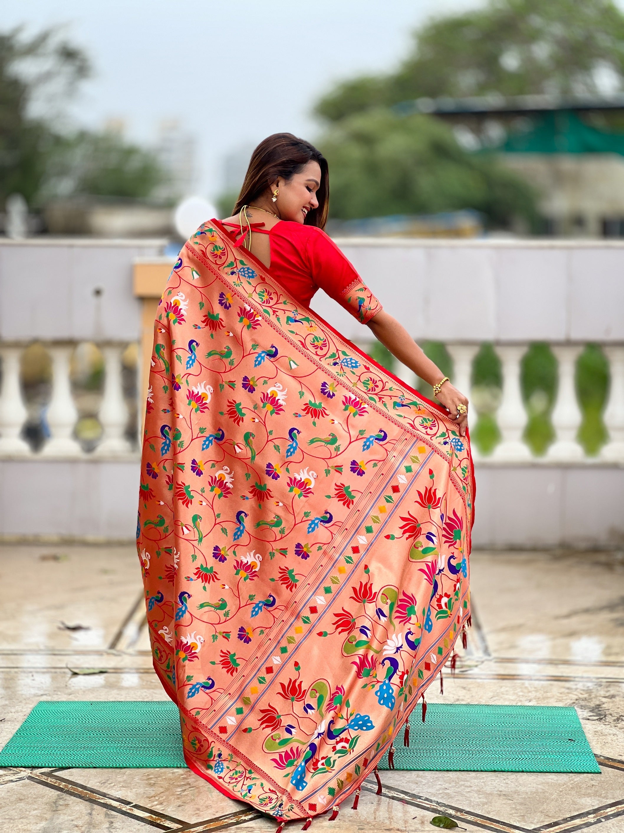 Vedant Vastram Soft Litchi Silk Paithani Jacquard Saree - Red