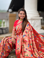 Vedant Vastram Soft Litchi Silk Paithani Jacquard Saree - Red