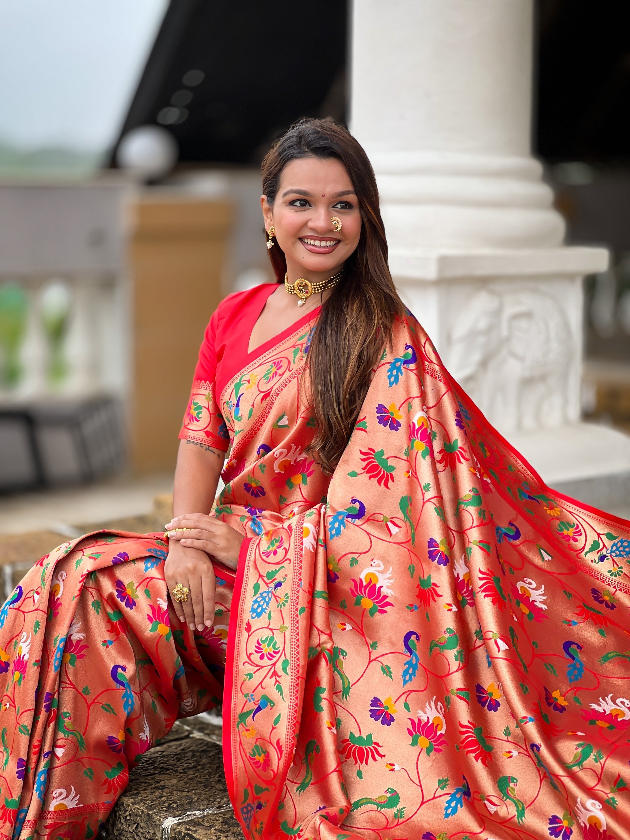 Vedant Vastram Soft Litchi Silk Paithani Jacquard Saree - Red