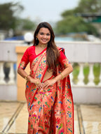 Vedant Vastram Soft Litchi Silk Paithani Jacquard Saree - Red
