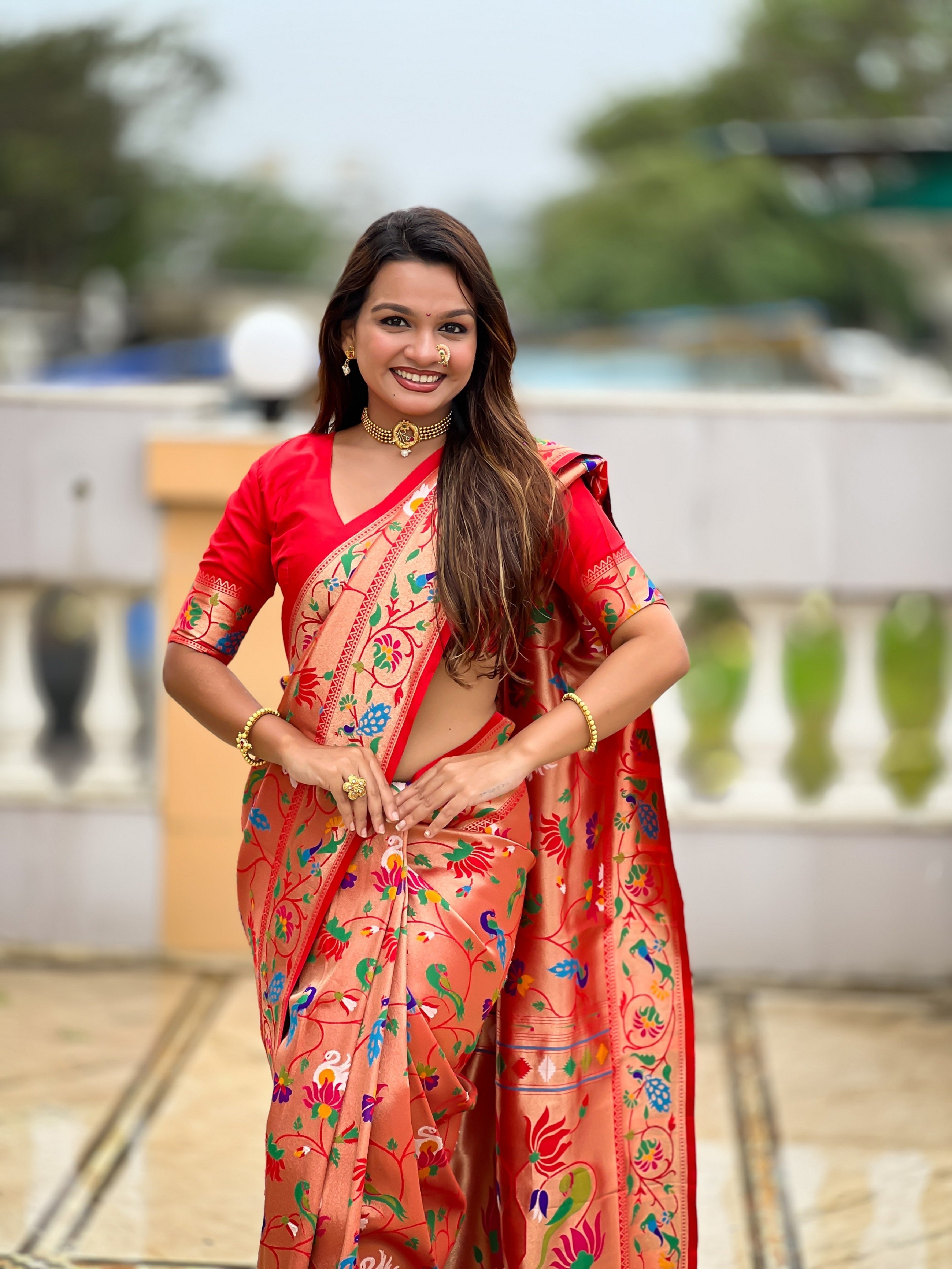 Vedant Vastram Soft Litchi Silk Paithani Jacquard Saree - Red