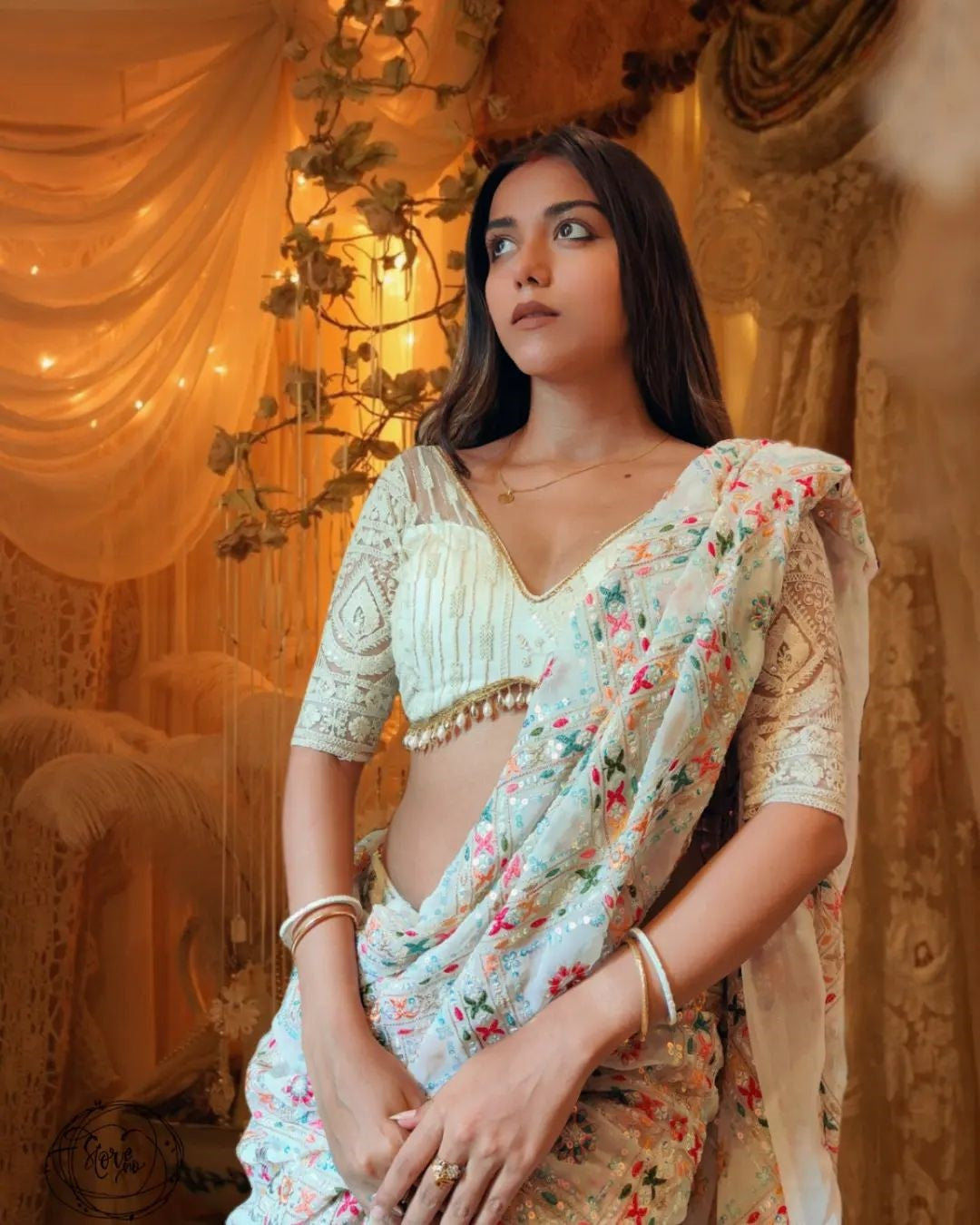 Teeya Creation Off White Color Georgette Embroidery Work Saree