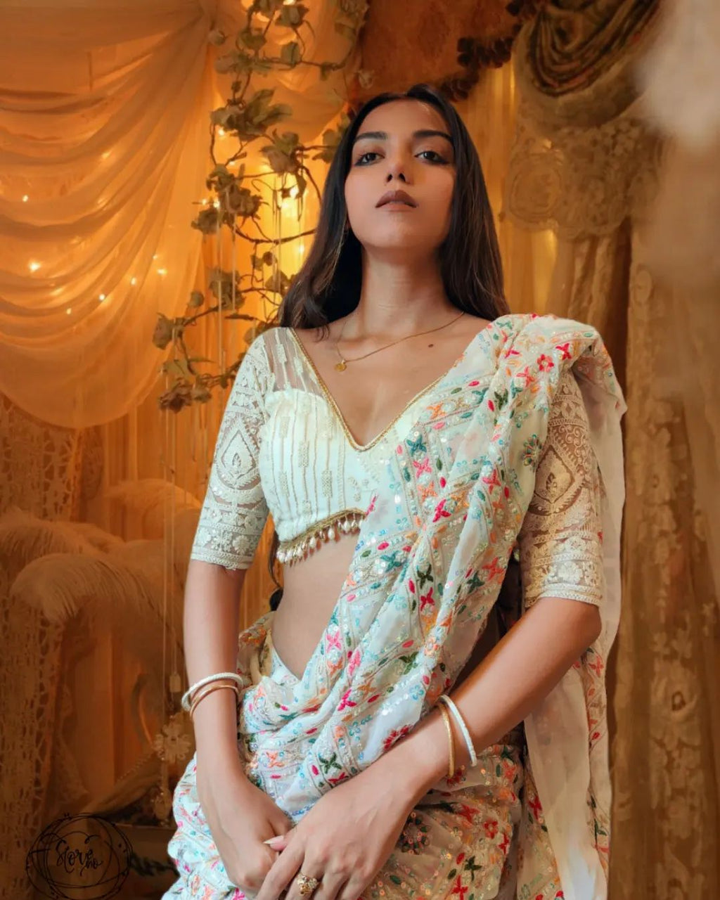 Teeya Creation Off White Color Georgette Embroidery Work Saree