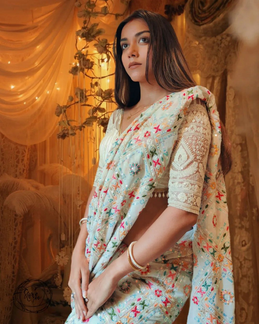 Teeya Creation Off White Color Georgette Embroidery Work Saree