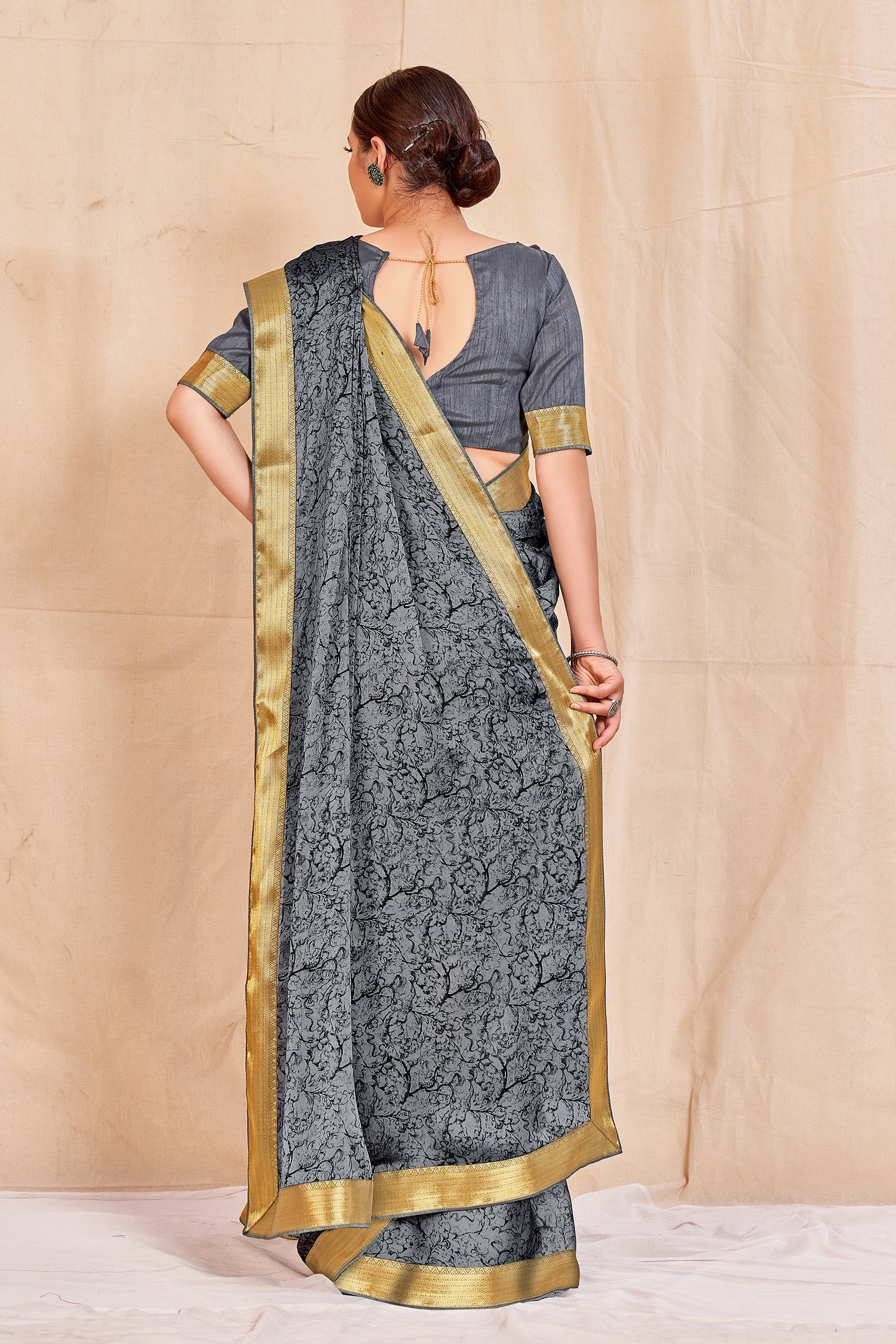 Vamika Grey Designer Cadbury Chiffon Banarasi Lace Saree