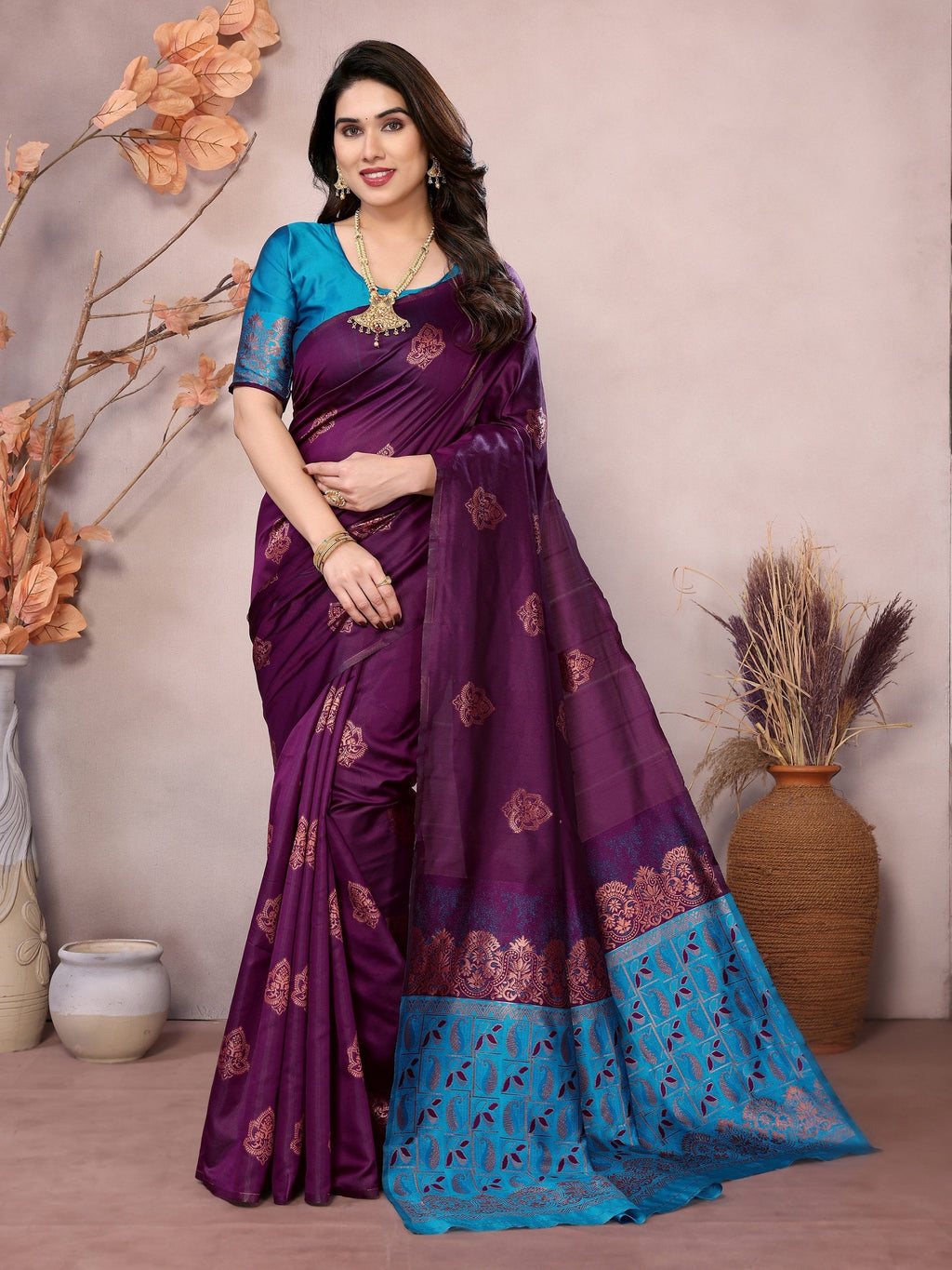 Vedant Vastram Soft Litchi Silk Kanjeevaram Saree - Wine - Distacart