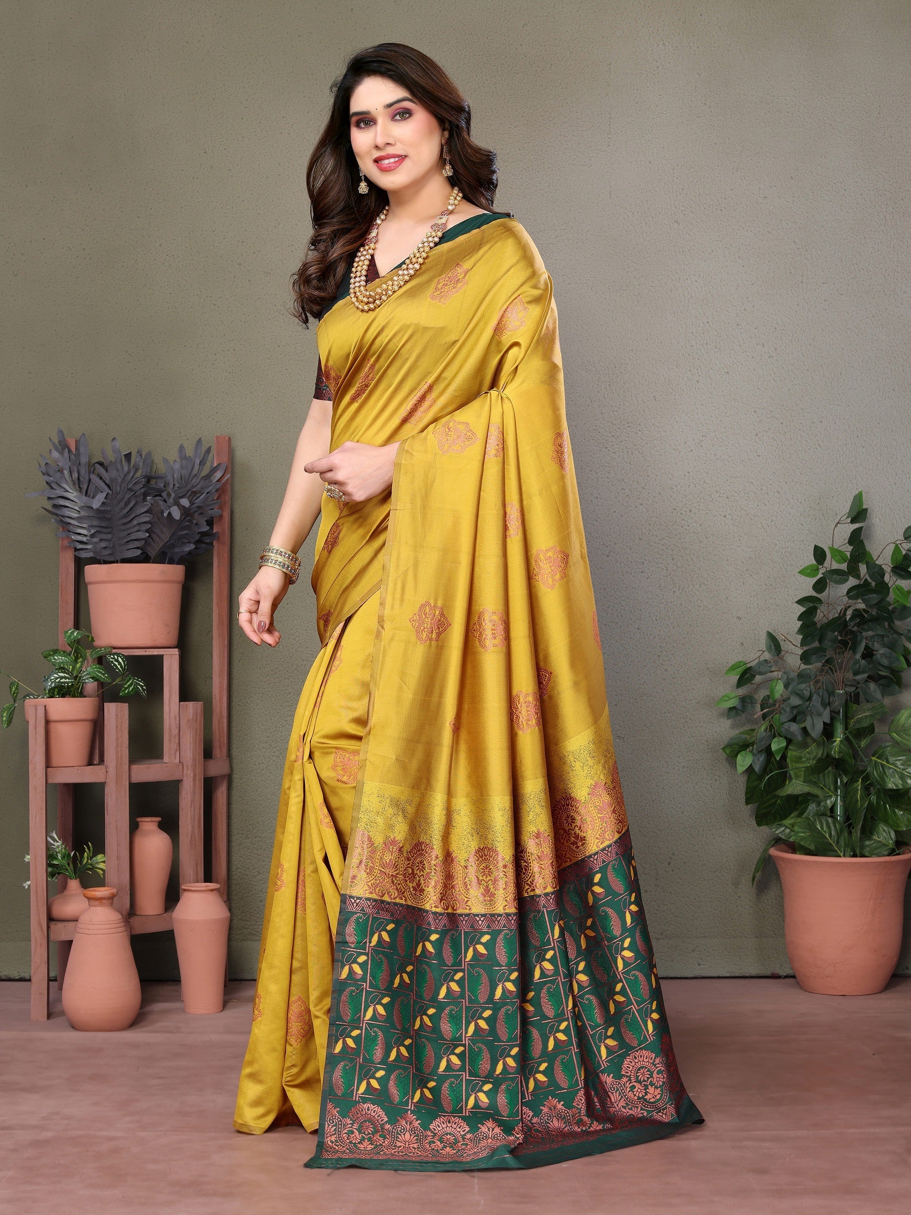 Vedant Vastram Soft Litchi Silk Kanjeevaram Saree - Mustard - Distacart