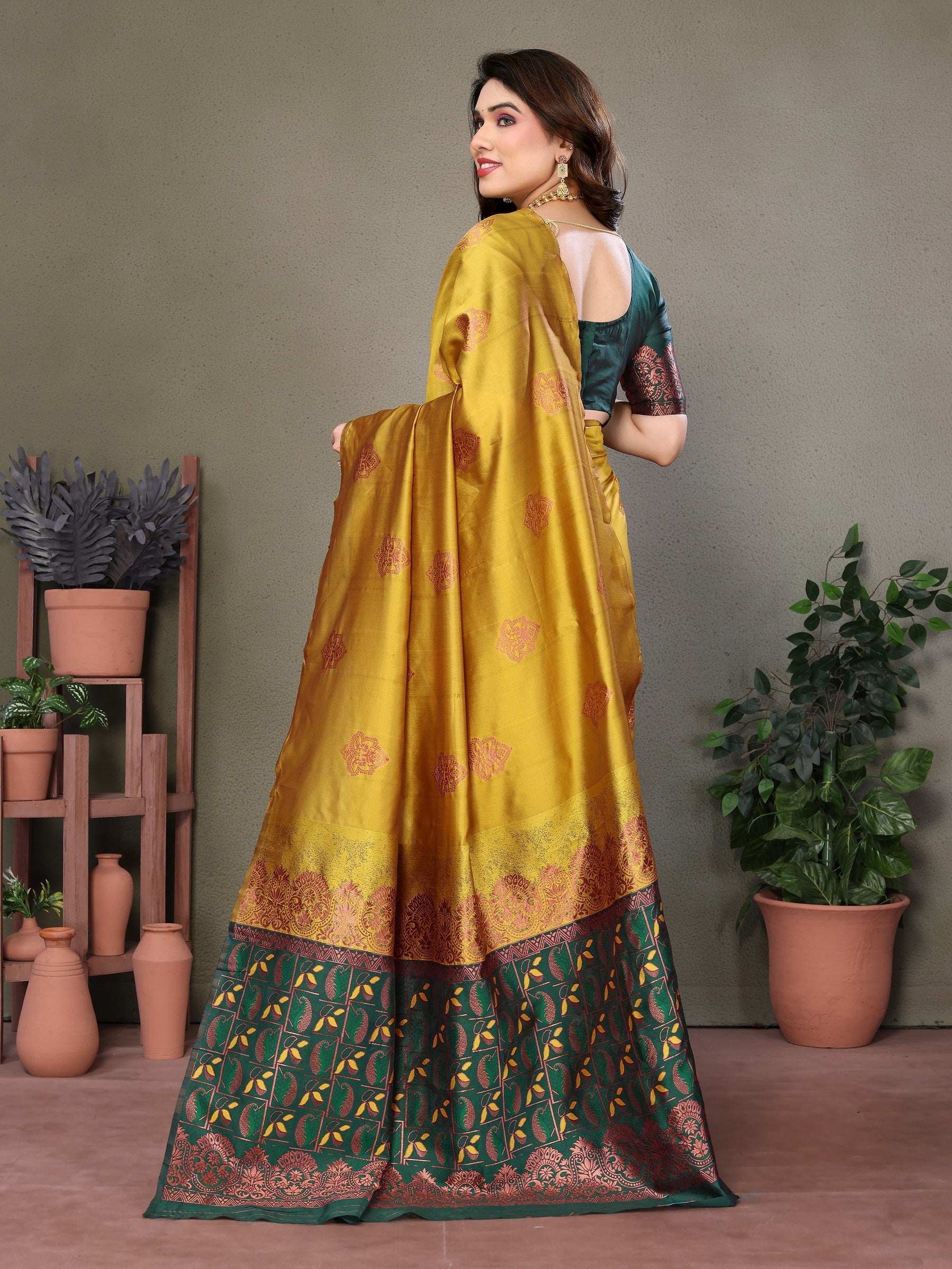 Vedant Vastram Soft Litchi Silk Kanjeevaram Saree - Mustard - Distacart