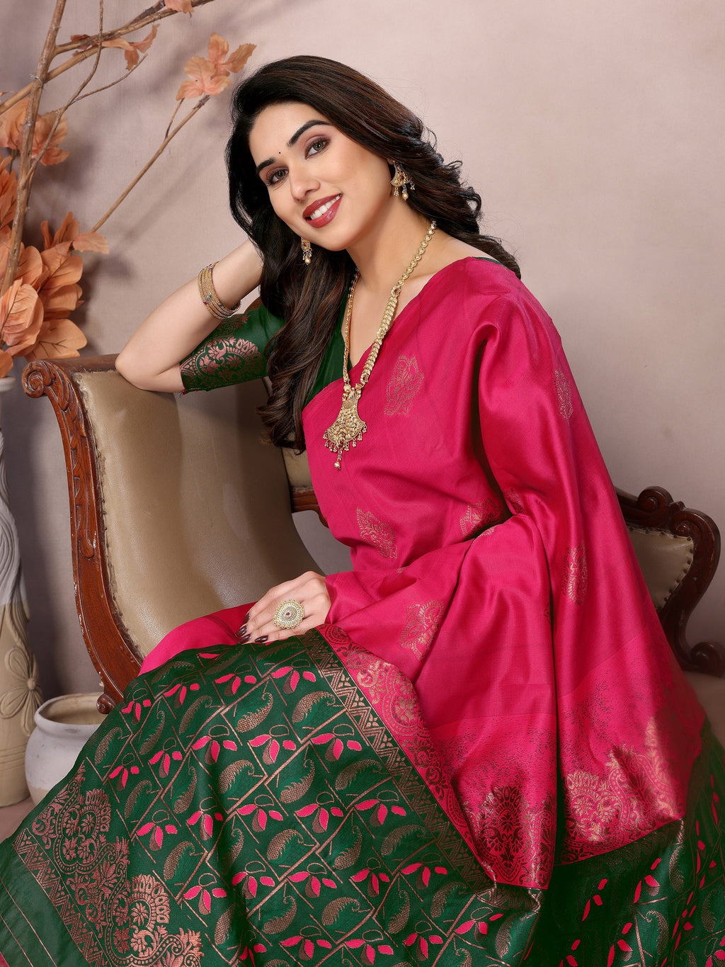 Vedant Vastram Soft Litchi Silk Kanjeevaram Saree - Pink - Distacart