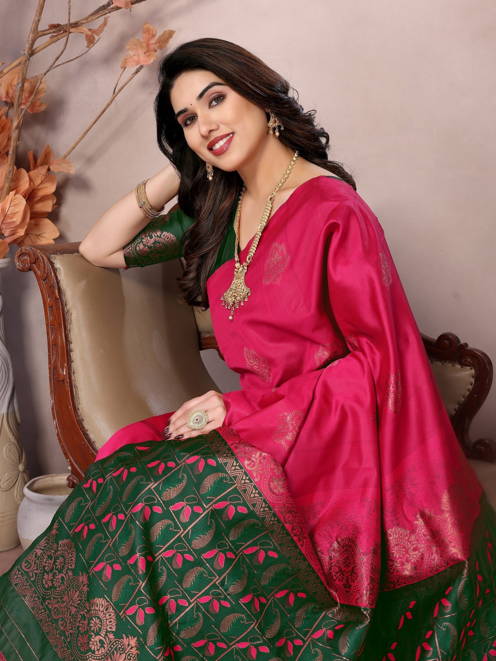 Vedant Vastram Soft Litchi Silk Kanjeevaram Saree - Pink - Distacart