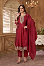 Vedant Vastram Kurta Pant set with Dupatta having Beautiful Embroidered work - Maroon