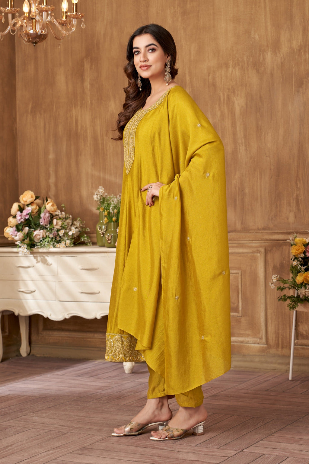Vedant Vastram Kurta Pant set with Dupatta having Beautiful Embroidered work - Mustard