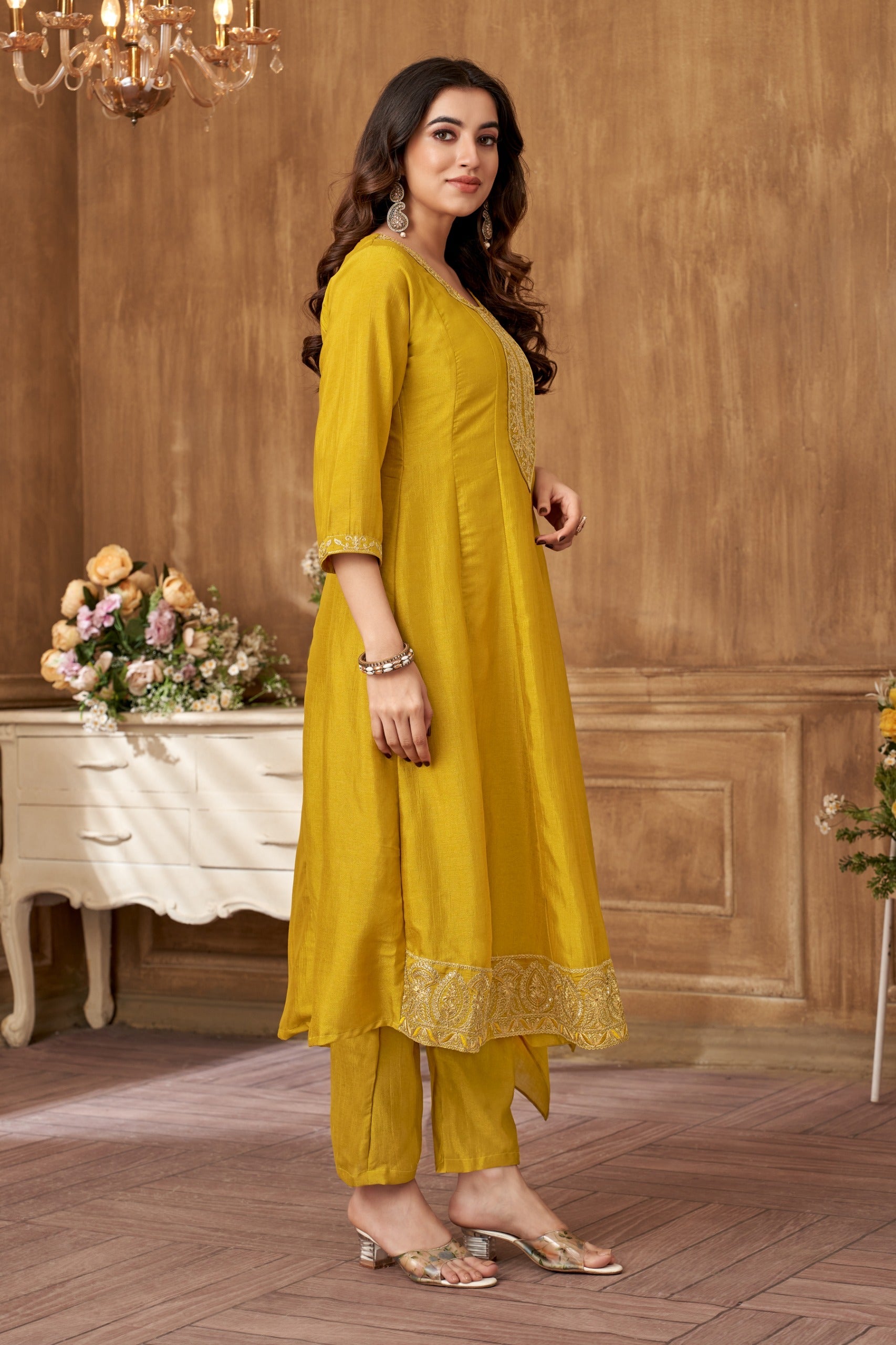 Vedant Vastram Kurta Pant set with Dupatta having Beautiful Embroidered work - Mustard