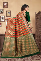 Vedant Vastram Litchi Silk Designer Banarasi Saree - Bottle Green - Distacart