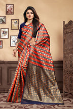 Vedant Vastram Litchi Silk Designer Banarasi Saree - Navy Blue - Distacart