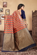 Vedant Vastram Litchi Silk Designer Banarasi Saree - Navy Blue - Distacart