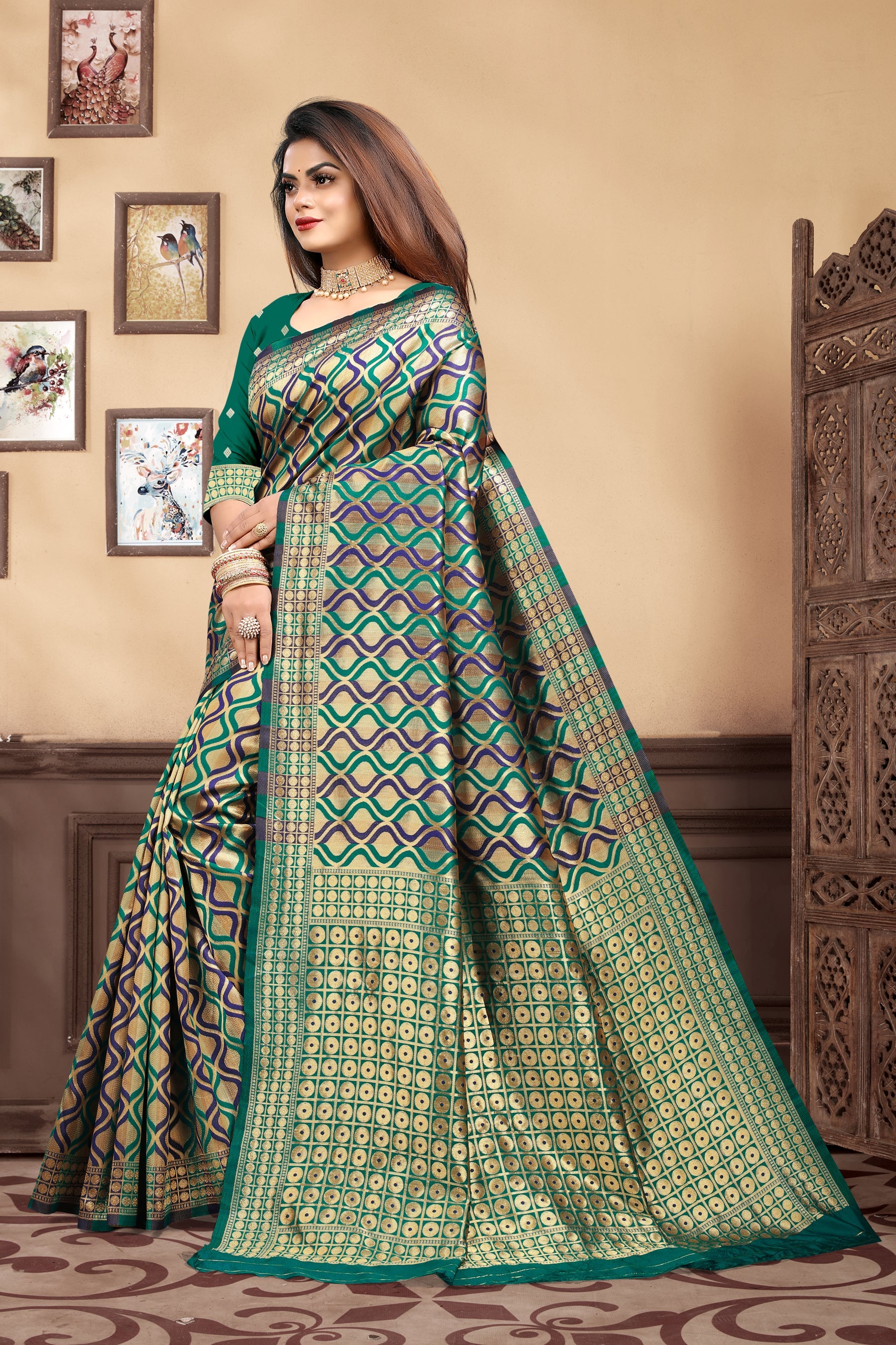 Vedant Vastram Litchi Silk Designer Banarasi Saree - Rama - Distacart