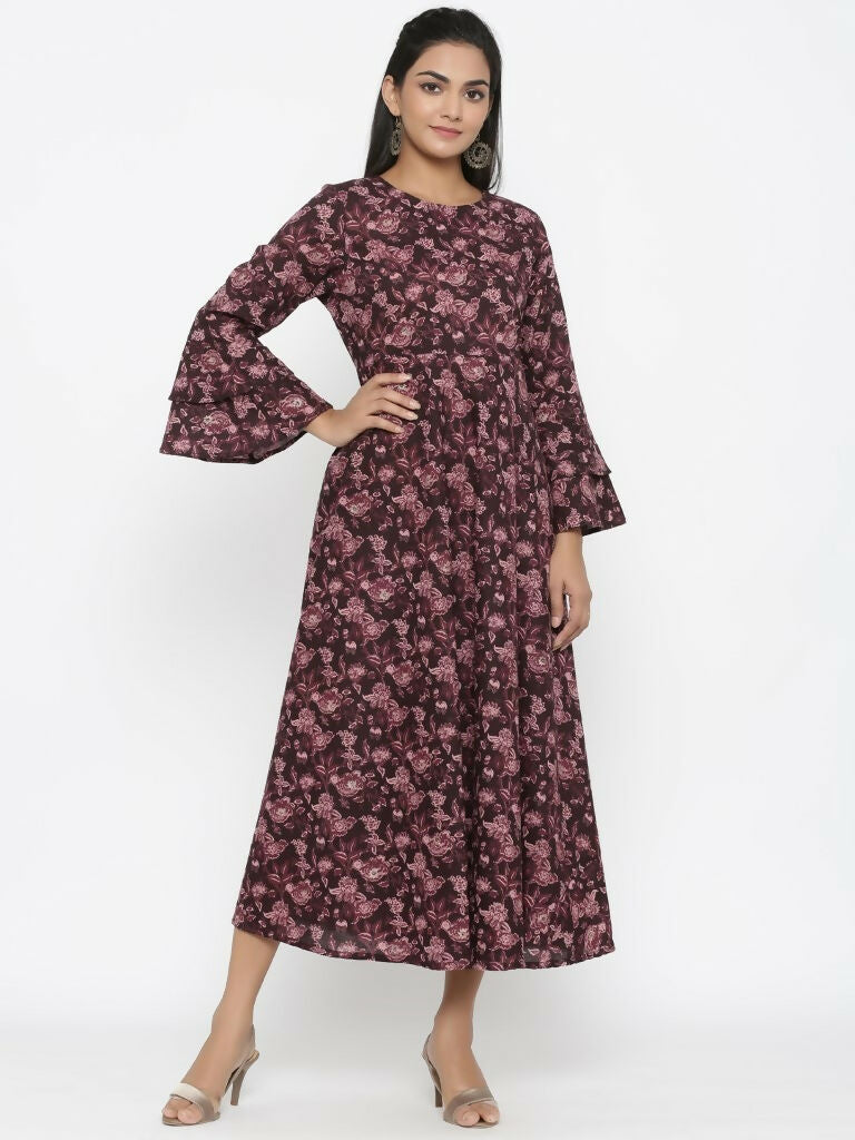 Miravan Women's Maroon Floral Bell Sleeves Anarkali Kurta