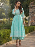 Juniper Women's Aqua Cambric Floral Printed Double Layered Kalidar Dress - Distacart