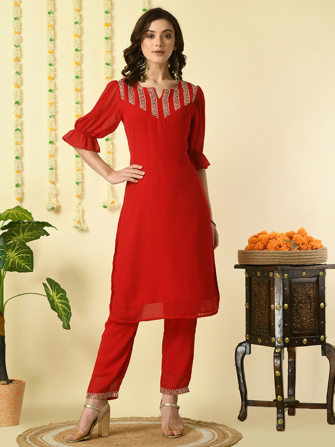 Myshka Women's Red Georgette Kurta With Trousers Party Sets
