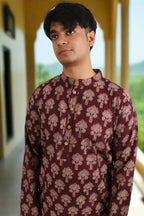 Souchii Men Burgundy Pure Cotton Ethnic Motif Printed Straight Kurta