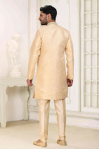 Raivat Ethnic Banarasi Jacquard Embroidery Semi Indo Western Sherwani In Beige Colour