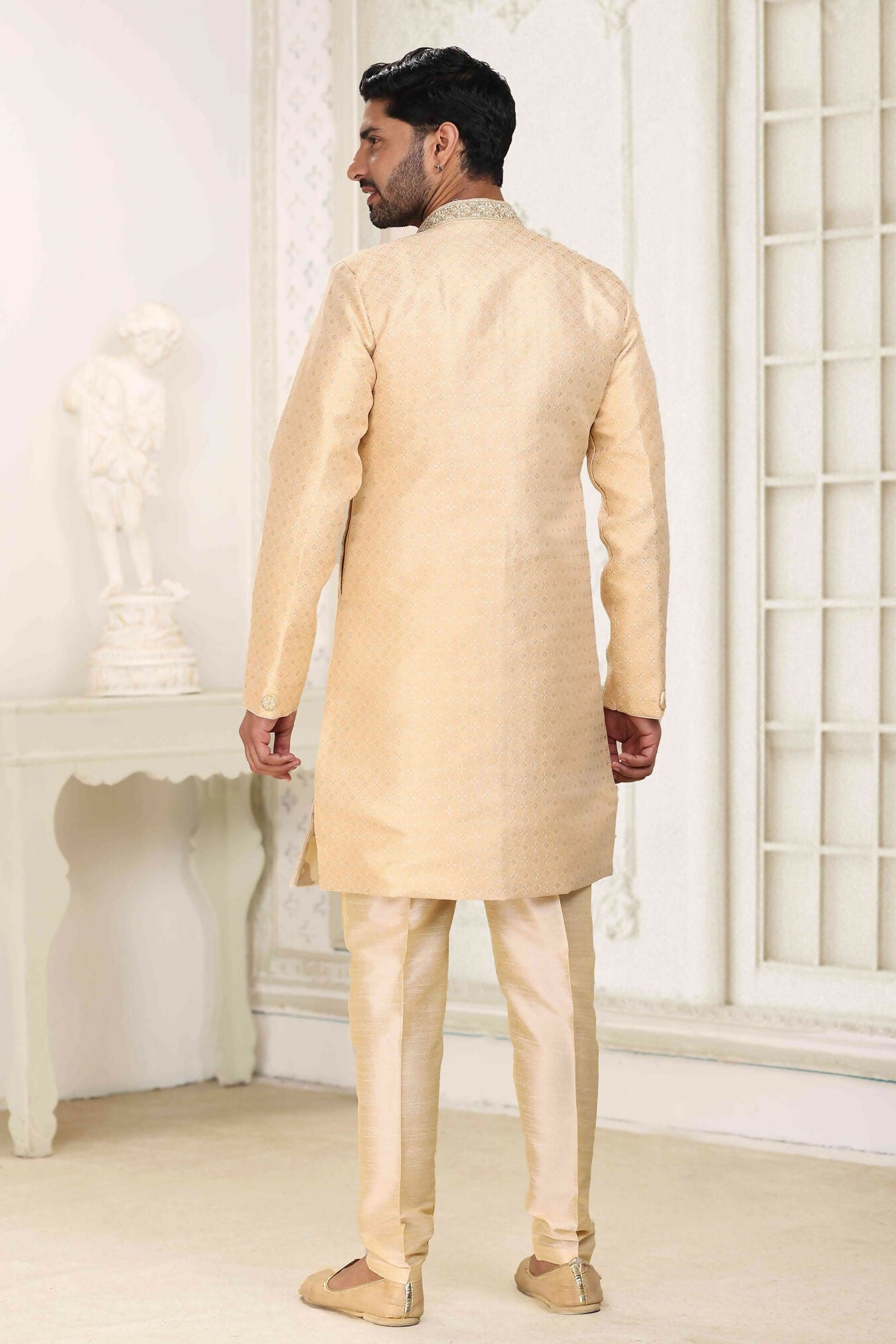 Raivat Ethnic Banarasi Jacquard Embroidery Semi Indo Western Sherwani In Beige Colour