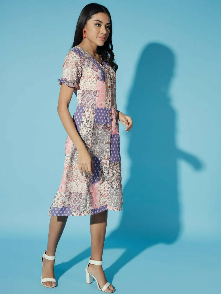Myshka Women Multi Geometric Rayon A-Line Round Neck Dress - Distacart