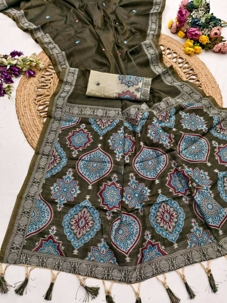 Vastranavya Mehendi Muga Cotton Meenakari & Azarakh Pallu Saree with Contrast Blouse