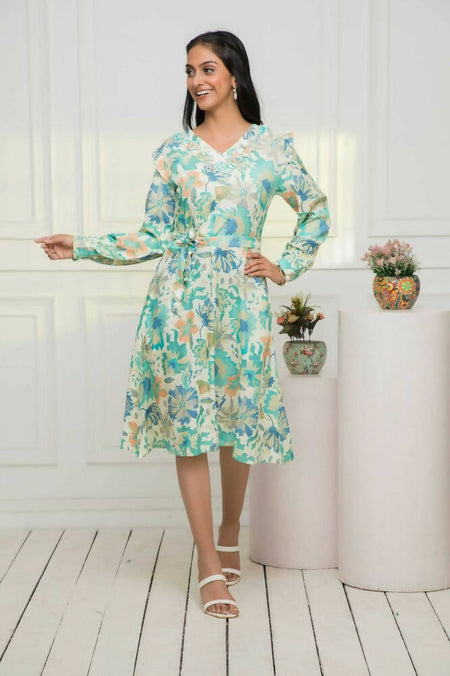 Myshka Women Multi Abstract Rayon A-Line V-Neck Dress