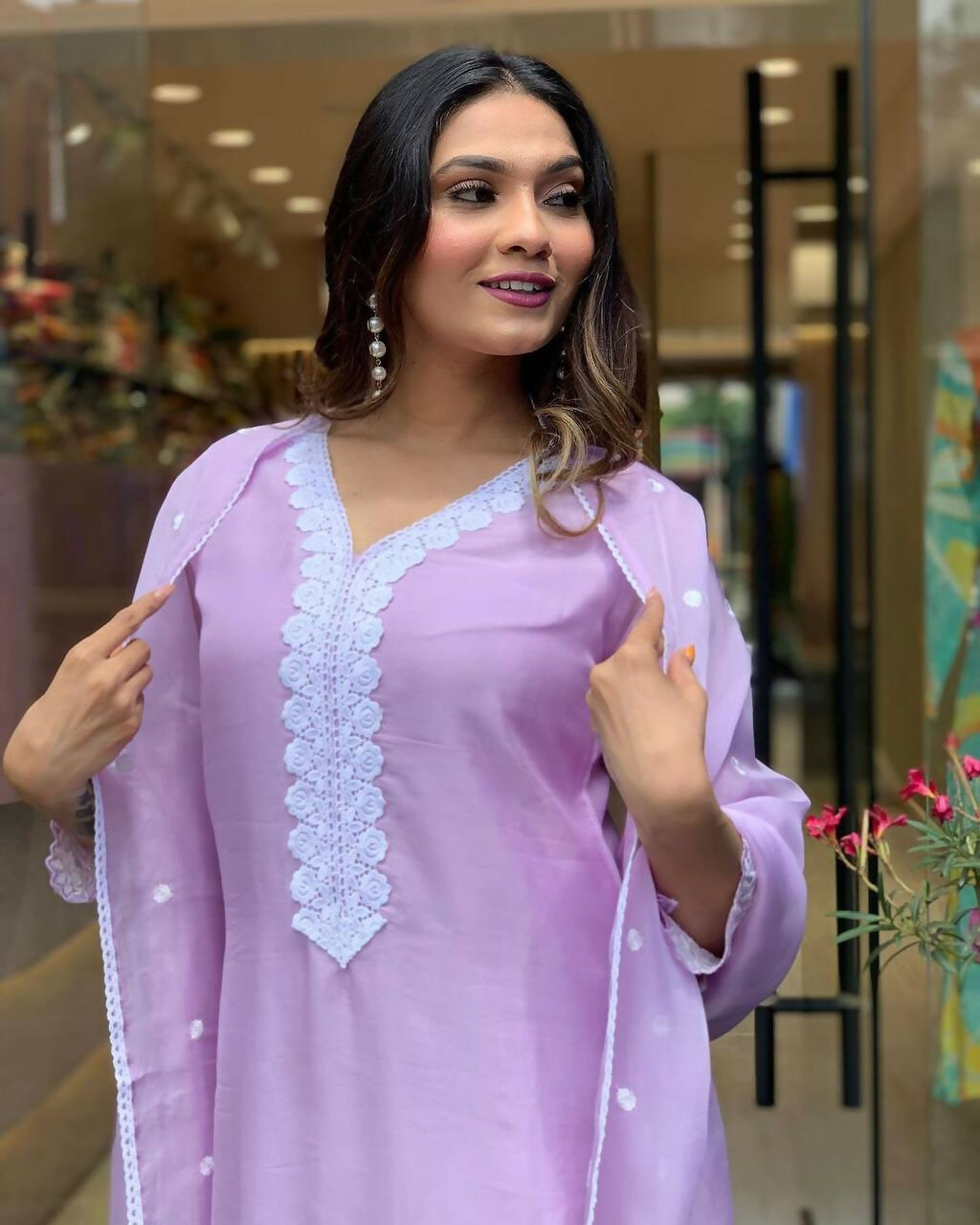 The52 Lavender Women's Gorgeous Embroidered Georgette Fabric Straight Kurta Pant with Dupatta Set - Distacart