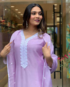 The52 Lavender Women's Gorgeous Embroidered Georgette Fabric Straight Kurta Pant with Dupatta Set - Distacart