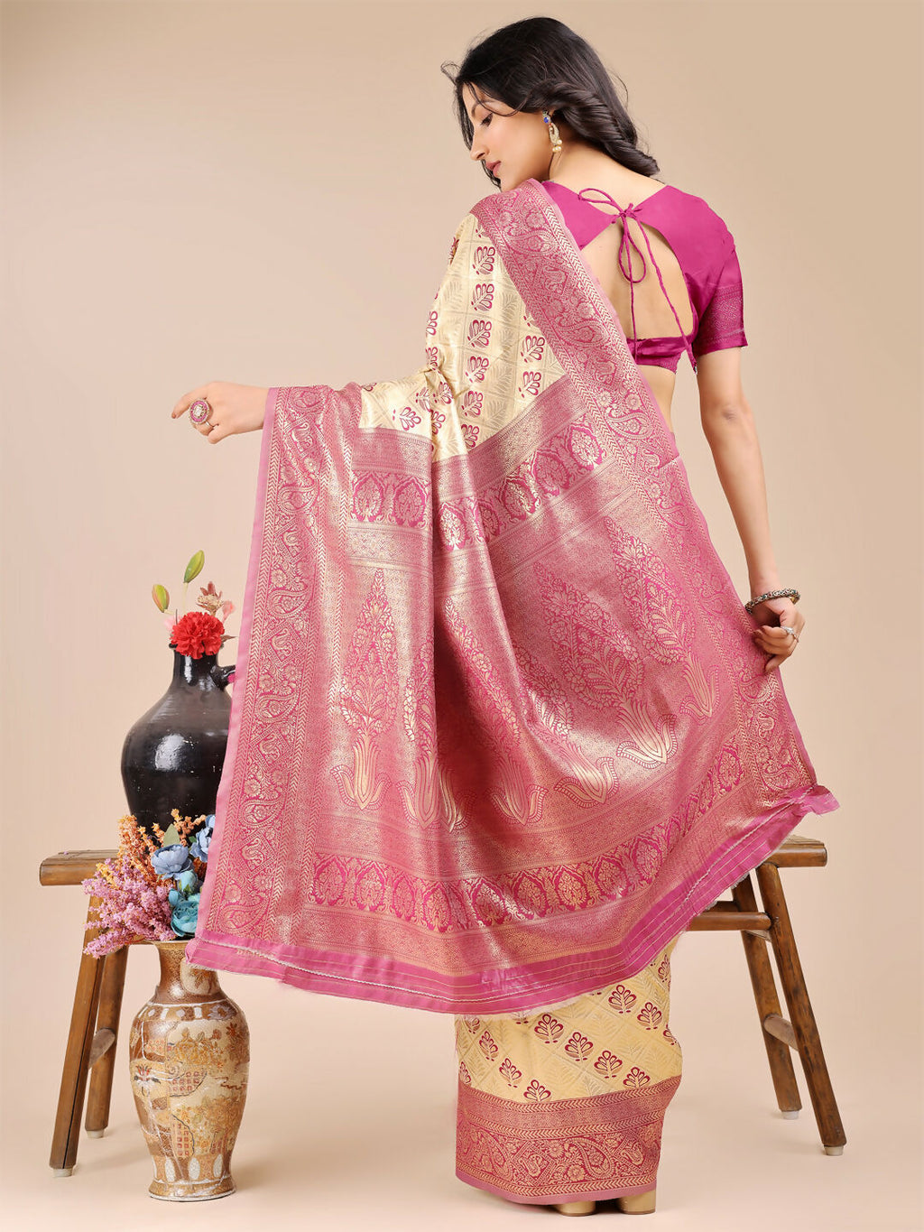 Shree Shyam Fashion Aura Silk Cream Magenta Banarasi Silk Saree
