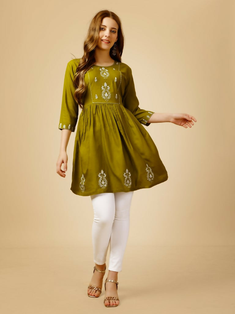 Jyoti Fashion Women's Mehendi Viscose Rayon Embroidered Casual Top
