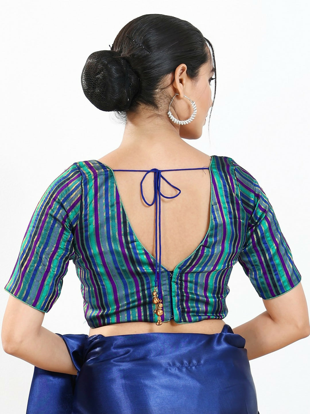 Joban Fashion Blue Multi Brocade Padded Blouse With V Neck Elbow Sleeves - Distacart