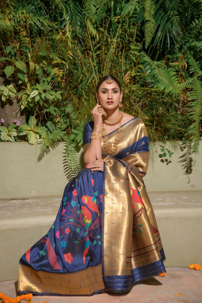 Jyoti Fashion Women's Navy Blue Paithani Silk Zari Woven Saree with Blouse