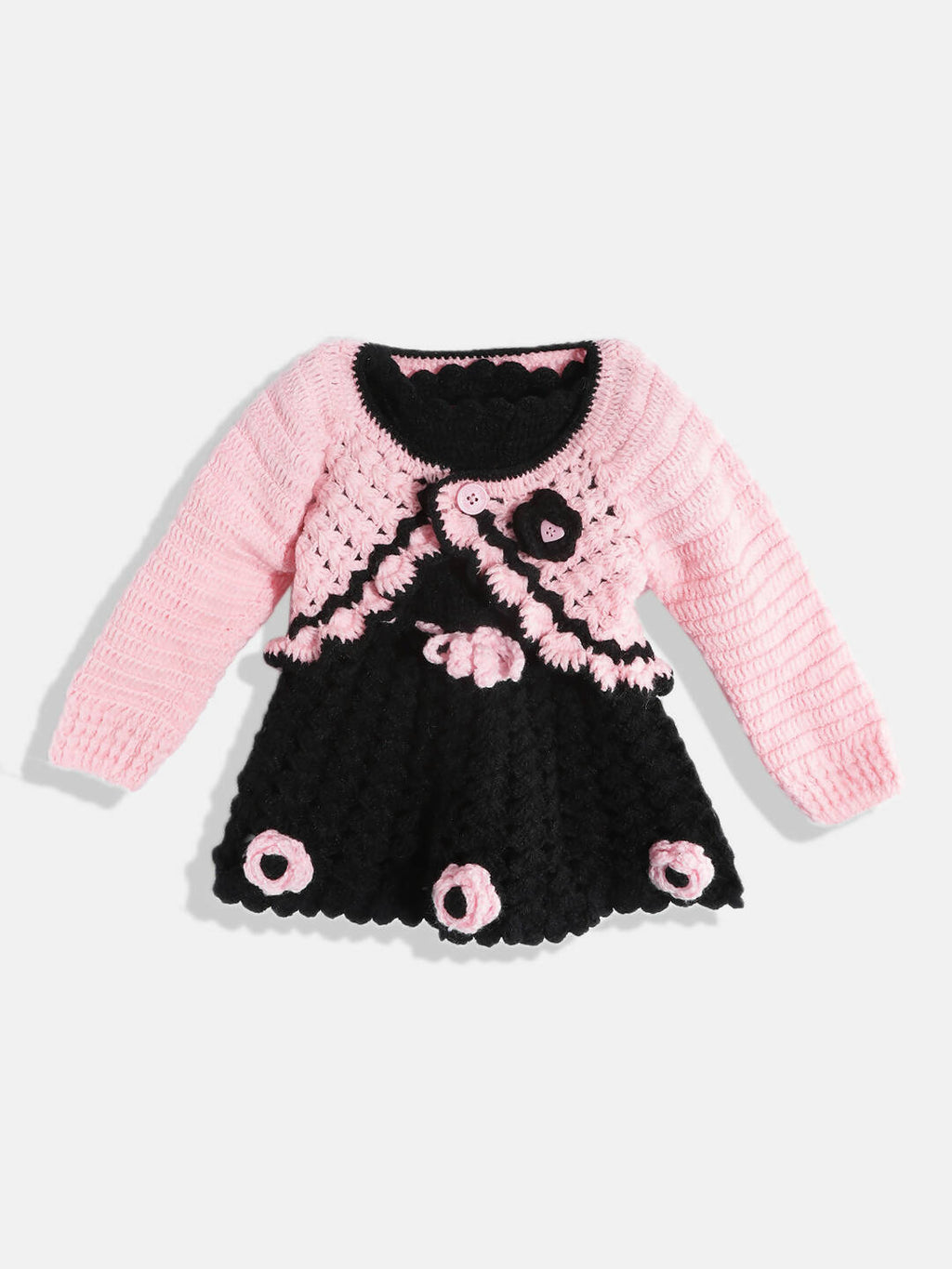 Chutput Kids Woollen Hand Knitted Full Sleeves Cardigan With Short Sleeves Flower Work Dress For Baby Girls - Pink