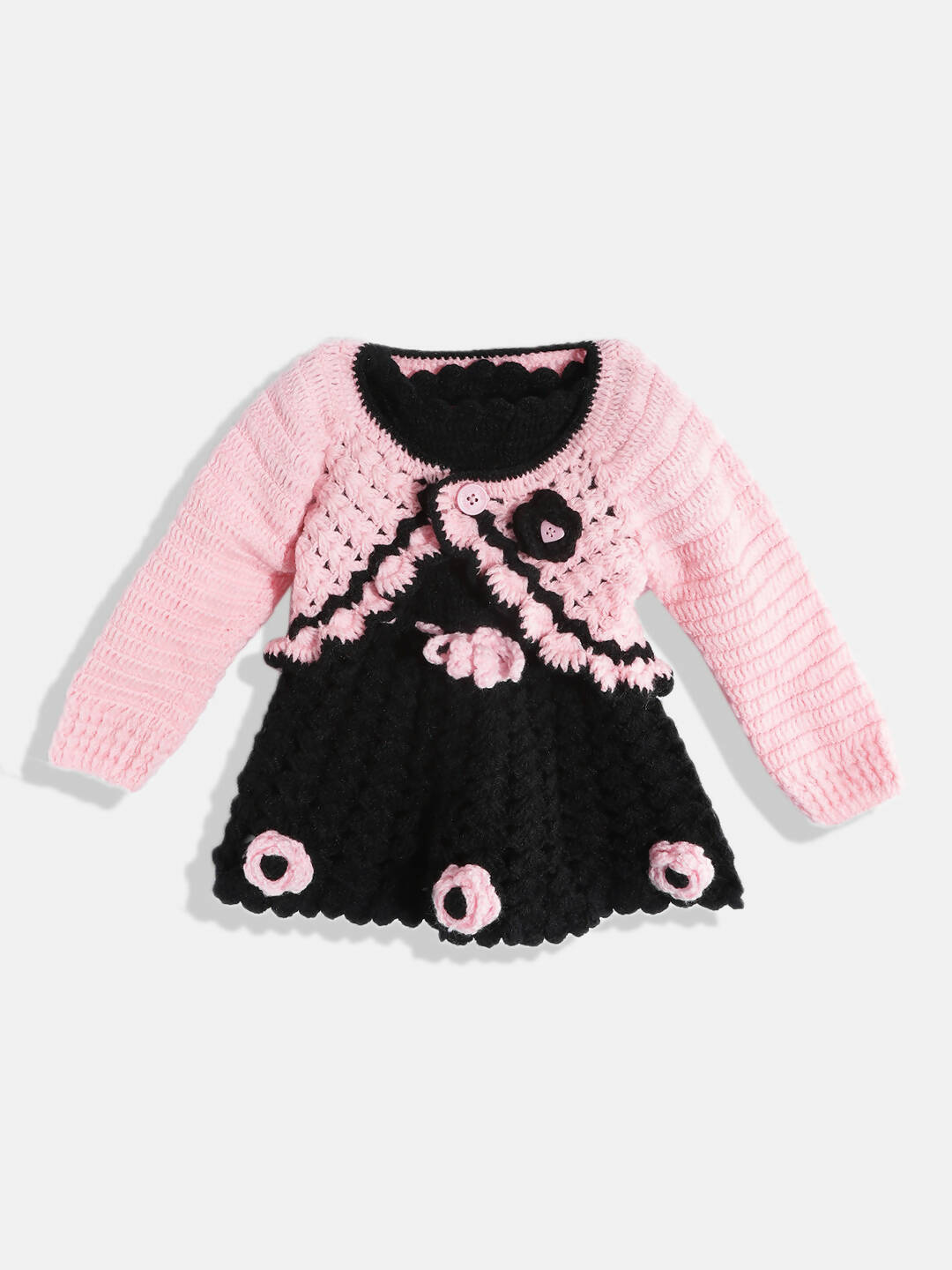 Chutput Kids Woollen Hand Knitted Full Sleeves Cardigan With Short Sleeves Flower Work Dress For Baby Girls - Pink