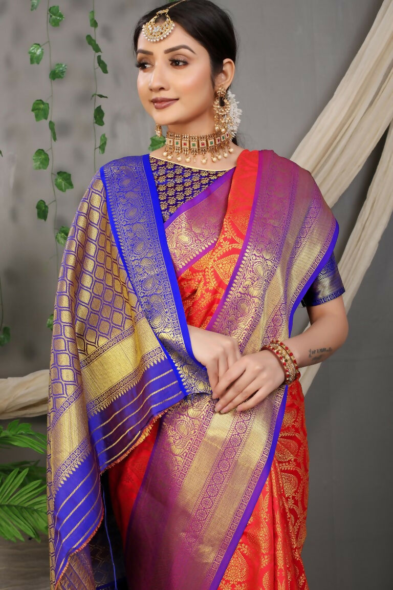Jyoti Fashion Women's Red Kanjivaram Silk Zari Woven Saree with Blouse