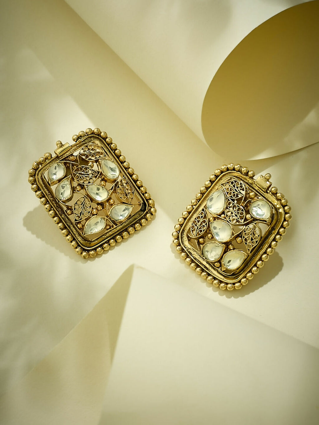 Nuyug 22K Gold-Plated Kundan & Filigree Concept Rectangular Leafy Studs - Distacart