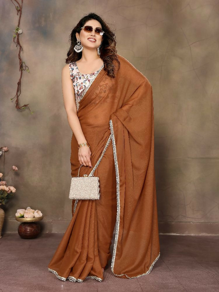 PR Fashion Brown Star Georgette Solid Georgette With Mirror Border Saree
