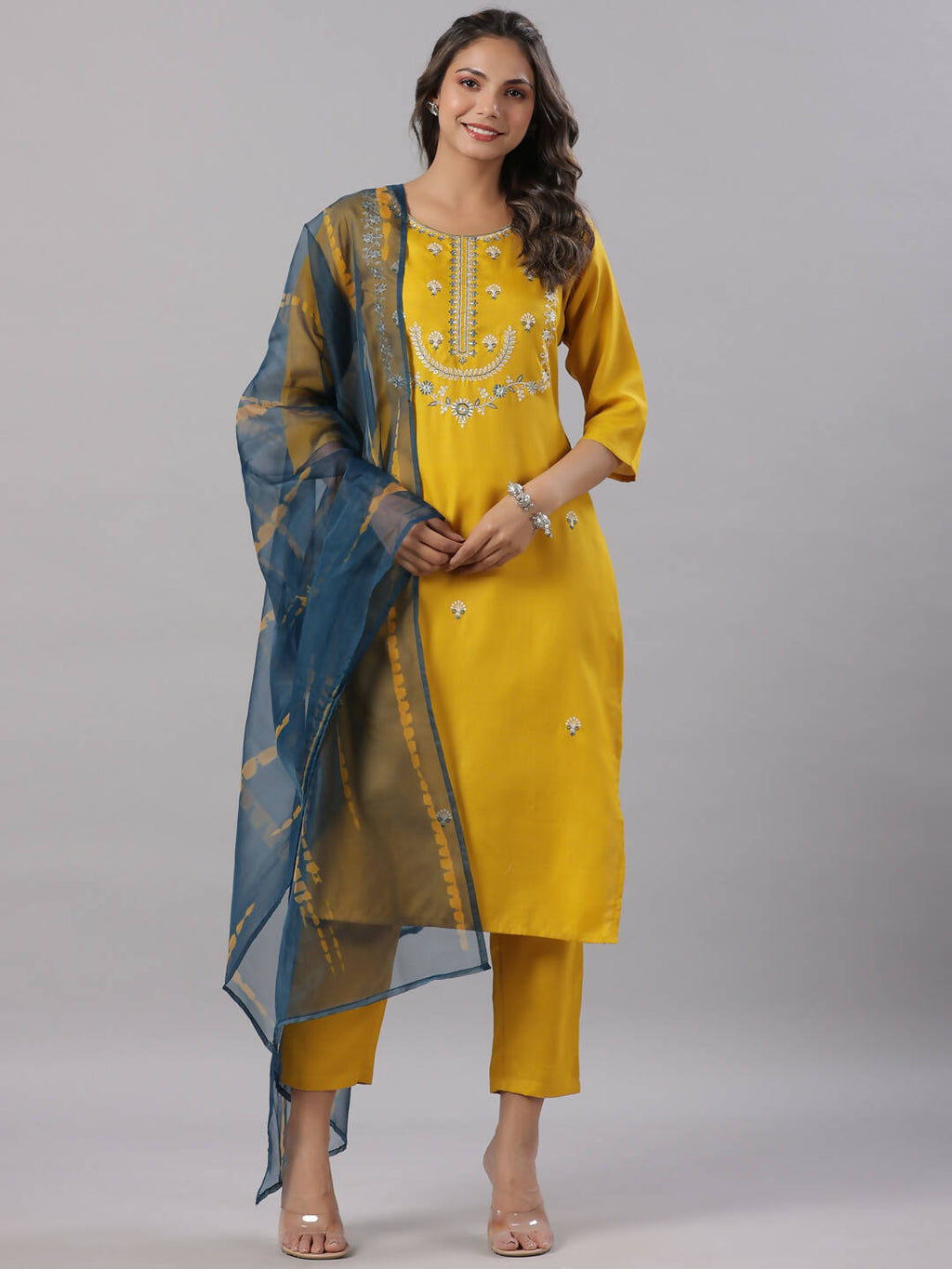 Juniper Women's Mustard Silk Zari Embroidered Kurta Pant Dupatta Set - Distacart