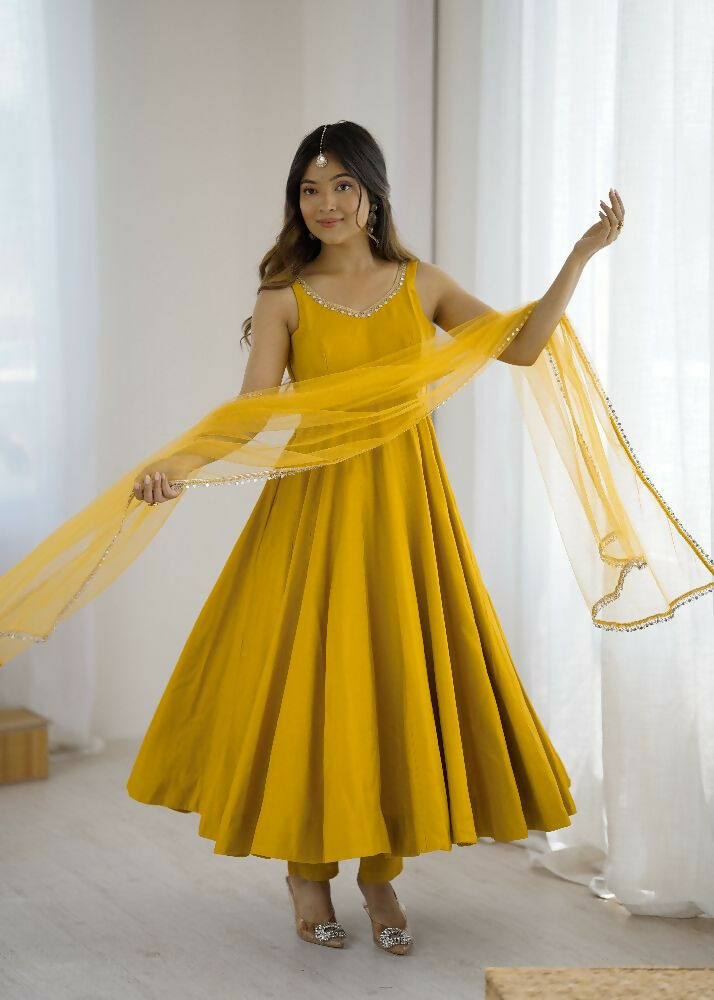 Joban Fashion Yellow Kurta Set Chanderi Sequence Embroidery Work - Distacart