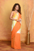 Very Much Indian Tie & Dye Handloom Mul Cotton Saree - Orange Yellow - Distacart