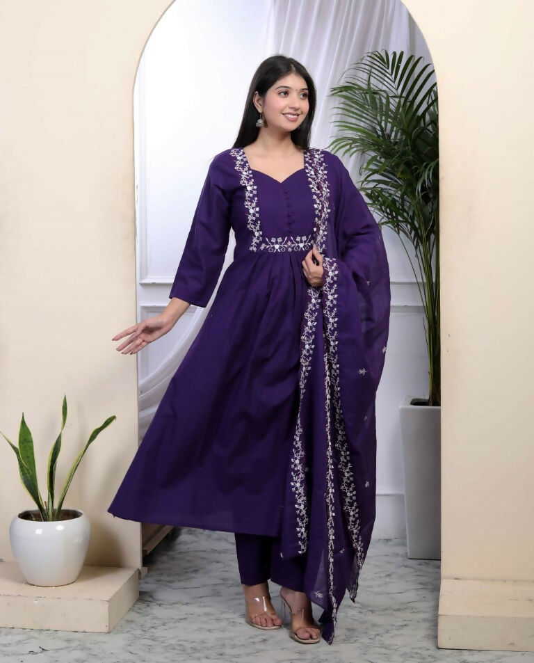 Miravan Women's Cotton Purple A-Line Kurta With Embroidered Neck And Palazzo With Embroidered Dupatta Set