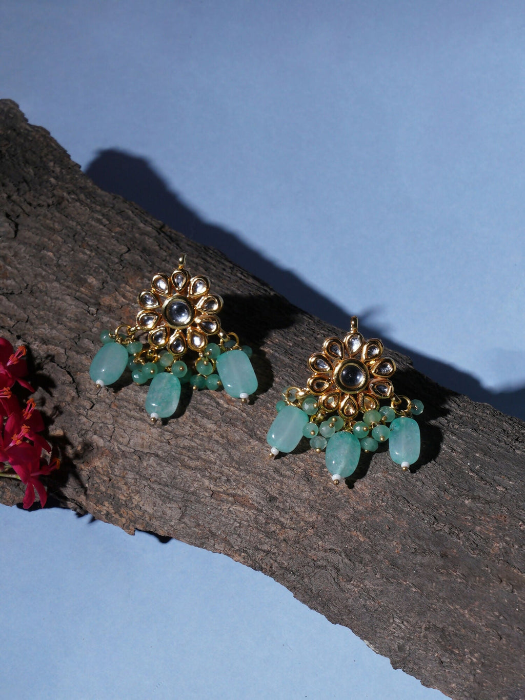 Mint Stone Kundan Earrings (Gold) - Ruby Raang - Distacart