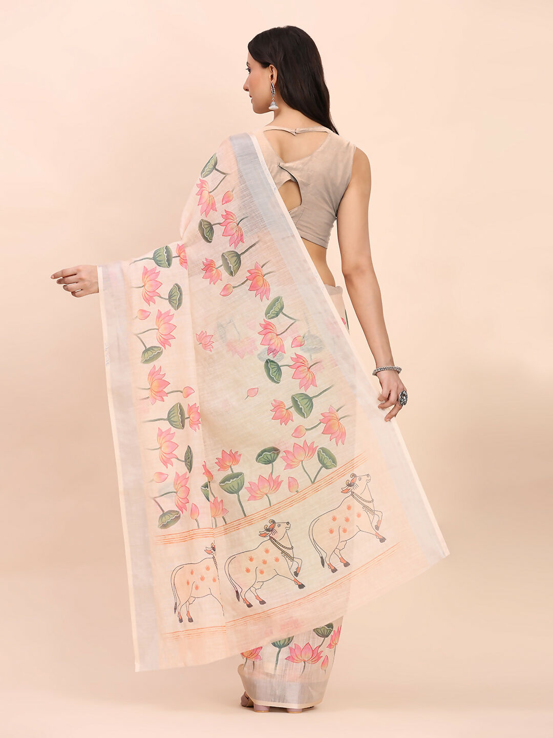 Shree Shyam Fashion Linen Cotton Peach Saree - Distacart