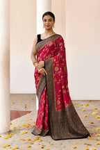Joban Fashion Fuchsia Crepe Chiffon Pure Handloom Banarasi Silk Saree