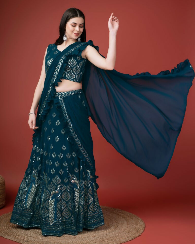 Teal Georgette Sequence Embroidered Lehenga Choli with Dupatta - Tanya