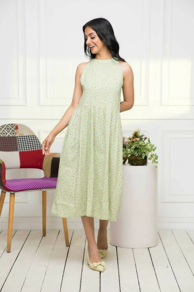 Myshka Women Ethnic Motifs Rayon A-Line Round Neck Green Dress - Distacart